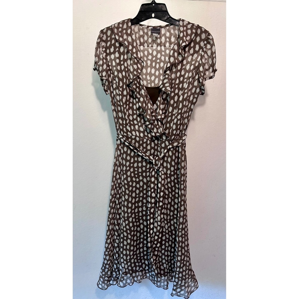 Covington Brown White Polka Dot Ruffle V-Neck Midi Dress Short Sleeve Size 6